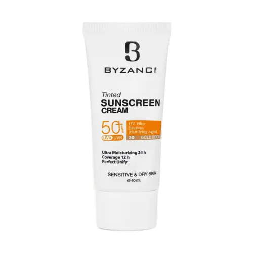 کرم ضد آفتاب رنگی SPF50 پوست خشک بیزانس بژ طلایی | الودارو
